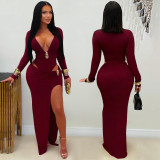Women Sexy V Neck Solid Color Long Sleeve Bodycon Dress