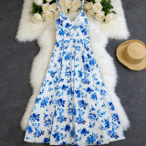 Spring Women Printed Slim Waist Formal Strap Dress