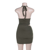 Spring Summer Women Sexy Metal Decor Waist Cut Out Strap Dress