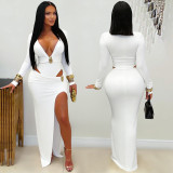 Women Sexy V Neck Solid Color Long Sleeve Bodycon Dress