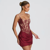 Spring Summer Women Square Neck Lace Print Patchwork Ruched Dress