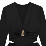 Women Sexy V Neck Solid Color Long Sleeve Bodycon Dress