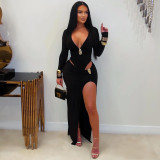 Women Sexy V Neck Solid Color Long Sleeve Bodycon Dress
