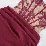Spring Summer Women Square Neck Lace Print Patchwork Ruched Dress