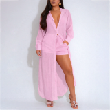 Women's See-Through Long Sleeve Button-Down Side Slit Shirt and Shorts Set