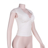 Spring Women Sexy Lace V Neck Y2K Short Sleeve Slim Top