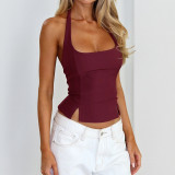 Spring Women Sexy Slim Waist Side Slit Halter Neck Camisole Top