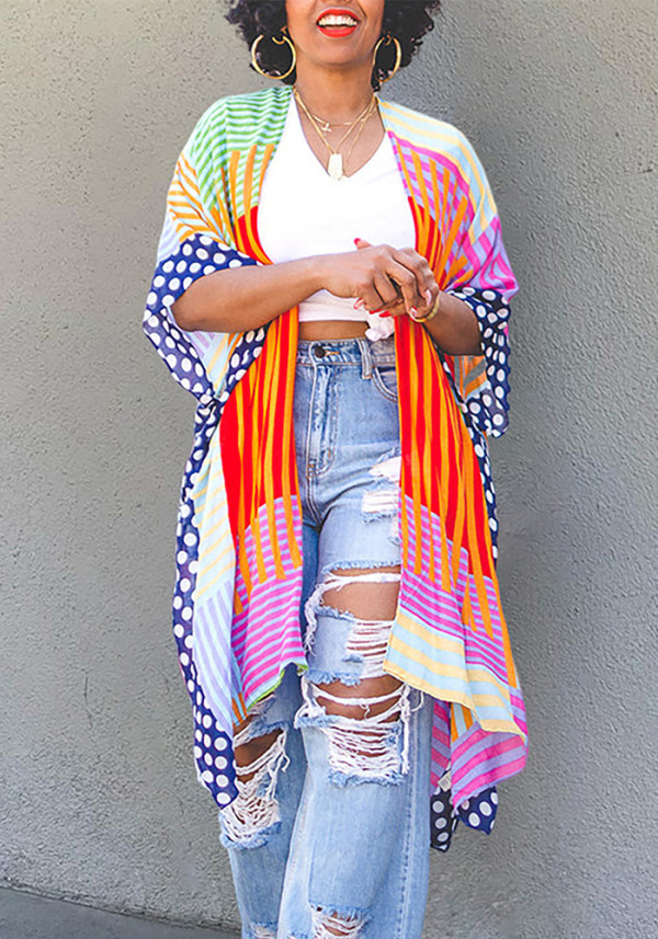 Women Fashion Digital Print High Slit Sleeve Cardigan