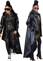 Spring Women PU Hooded Drawstring High Low Coat