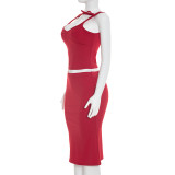 Spring Summer Women Casual Bow Sleeveless Top and Midi Skirt Set