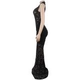 Women Sexy Lace Cut Out Slit Slim Fit Evening Dress