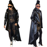 Spring Women PU Hooded Drawstring High Low Coat