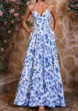 Spring Women Printed Slim Waist Formal Strap Dress