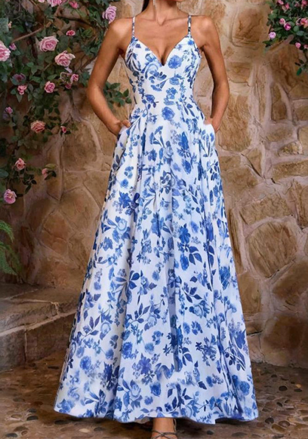 Spring Women Printed Slim Waist Formal Strap Dress