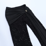 Women Sexy Crop Slash Shoulder Lace Ribbon Street Style Pants Set