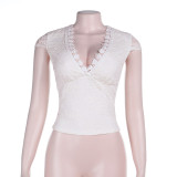Spring Women Sexy Lace V Neck Y2K Short Sleeve Slim Top