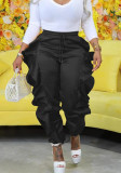 Women Solid Color Patchwork Ruffle Edge High Stretch Satin Tight Pants