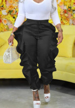 Women Solid Color Patchwork Ruffle Edge High Stretch Satin Tight Pants