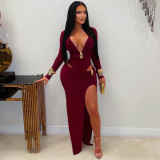 Women Sexy V Neck Solid Color Long Sleeve Bodycon Dress