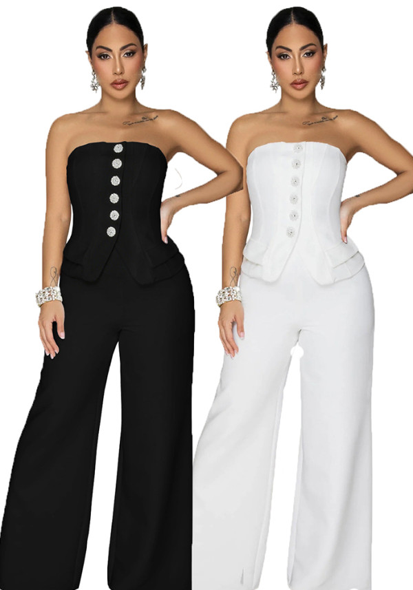 Women Sexy Strapless Low Back Wide Leg Jumpsuit