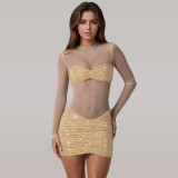 Women Sexy See Through Mesh Beaded Mini Dress