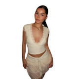 Spring Women Sexy Lace V Neck Y2K Short Sleeve Slim Top