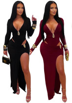 Women Sexy V Neck Solid Color Long Sleeve Bodycon Dress