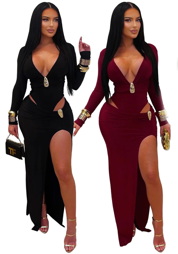Women Sexy V Neck Solid Color Long Sleeve Bodycon Dress
