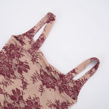 Spring Summer Women Square Neck Lace Print Patchwork Ruched Dress