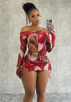 Spring Summer Women Printed Long Sleeve Slit Skirt Set
