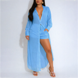 Women's See-Through Long Sleeve Button-Down Side Slit Shirt and Shorts Set