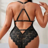 Plus Size Women Mesh Lace Sheer Bodysuit with Leg Ring Lingerie Set