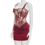 Spring Summer Women Square Neck Lace Print Patchwork Ruched Dress