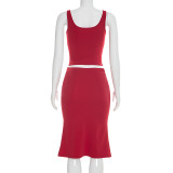 Spring Summer Women Casual Bow Sleeveless Top and Midi Skirt Set