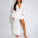 Women's See-Through Long Sleeve Button-Down Side Slit Shirt and Shorts Set