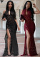 Women Sexy Lace Cut Out Slit Slim Fit Evening Dress