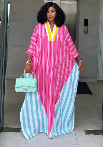 Women African Spring V-Neck Striped Maxi Dress