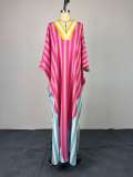 Women African Spring V-Neck Striped Maxi Dress