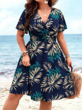 Women Summer Print V-Neck Holidays Short-Sleeve Maxi Dress