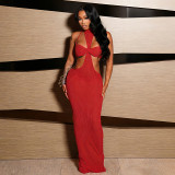 Women Sleeveless Sexy Ribbed Hollow-Out Halter Maxi Dress