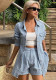 Women spring summer turndown collar denim shirt and rolled-up shorts two-piece set