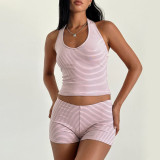 Women Summer Casual Striped Halter Neck Backless Top and Shorts Two-Piece Set