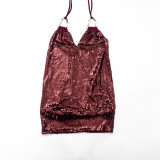 Women Spring Sexy V-Neck Sequined Hardware Buckle Neck Dress
