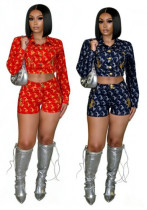 Fashion Printed and embroidered slim fit long-sleeved two piece shorts set