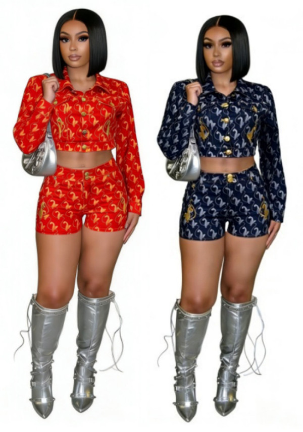 Fashion Printed and embroidered slim fit long-sleeved two piece shorts set