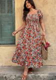 Plus Size Women Floral Square Neck Puff Sleeve Maxi Dress