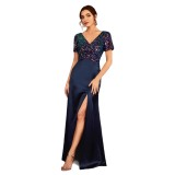 Women Navy Slit V-Neck Short-Sleeved Sequined Dress