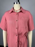 Women Spring Turndown Collar Short-sleeved shirt with tie and wide-leg shorts two-piece set