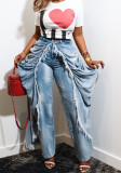 Plus Size Women Frayed Pleated Denim Wide-Leg Pants