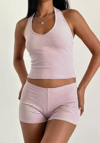 Women Summer Casual Striped Halter Neck Backless Top and Shorts Two-Piece Set